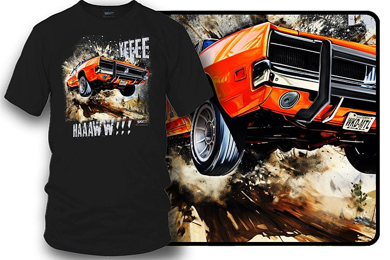 Dodge Charger Jump YeeHaw t-shirt, Dukes of Hazzard Style t-shirt Black - Wicked Metal - Wicked Metal