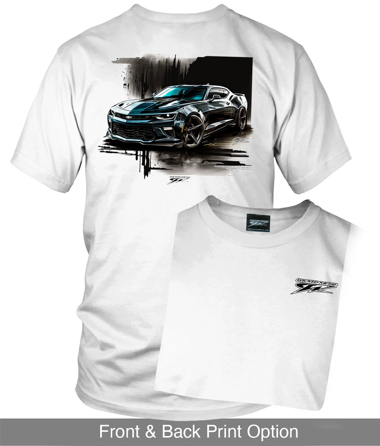 Camaro ZL1 Black Splash on White 5th Gen - 2010s ZL1 Camaro - Chevy Camaro t shirt - Wicked Metal - Wicked Metal