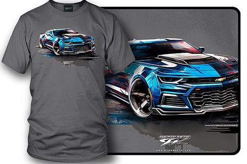 Image of Camaro Blue ZL1 Watercolor 5th Gen Stylized - 2010s ZL1 Camaro - Chevy Camaro t shirt - Wicked Metal - Wicked Metal