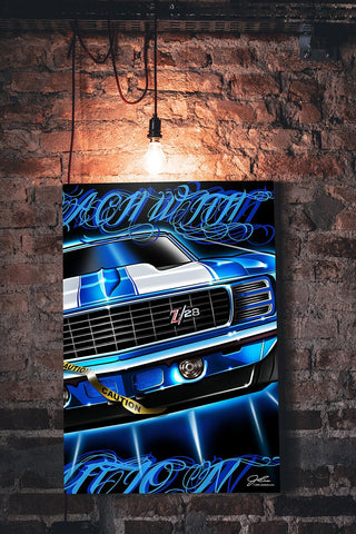 Image of Camaro Caution 1969 z28, Muscle Car wall art - garage art - Wicked Metal