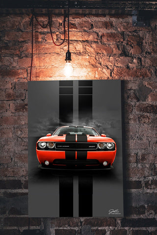 Image of Challenger art, Orange Challenger painting, Challenger racing stripes - garage art - Wicked Metal