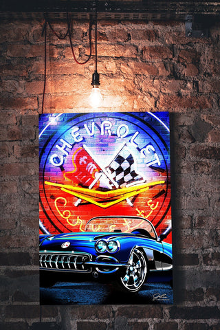 Image of Corvette art, Corvette painting, C2 Corvette with Neon Sign - garage art - Wicked Metal