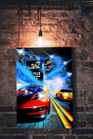 Image of Corvette art, Corvette painting, C6 verses C5 light up the night - garage art - Wicked Metal