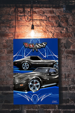 Image of Corvette C3 in black with pinstripes, Muscle Car wall art - garage art - Wicked Metal