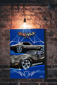 Corvette C3 in black with pinstripes, Muscle Car wall art - garage art - Wicked Metal