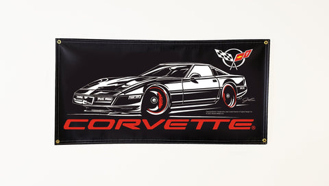 Image of Corvette C4 Banner, wall art - garage banner art 24" X 48" - Wicked Metal