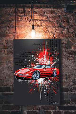Image of Corvette C4 burst in red, Muscle Car wall art - garage art - Wicked Metal