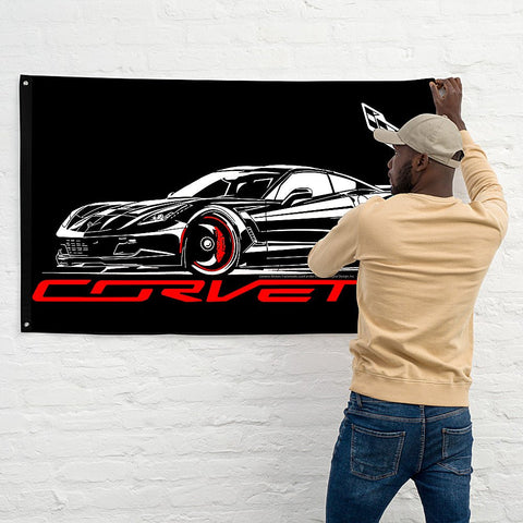 Image of Corvette C7 Banner, wall art - garage banner art 24" X 48" - Wicked Metal