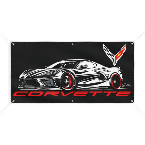 Image of Corvette C8 Banner, wall art - garage banner art 24" X 48" - Wicked Metal