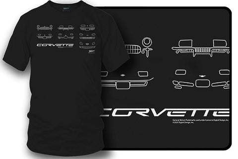 Image of Corvette fronts t Shirt - C1-C6 Style - All Corvettes shirt - Wicked Metal