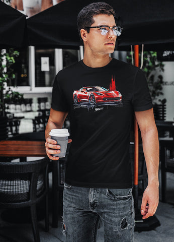 Image of Corvette red c7 on black tee - Corvette C7 shirt - Wicked Metal