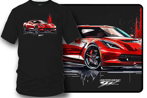 Image of Corvette red c7 on black tee - Corvette C7 shirt - Wicked Metal