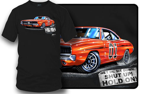 Image of Dodge Charger Hold On t-shirt, Dukes of Hazzard Style t-shirt Black - Wicked Metal