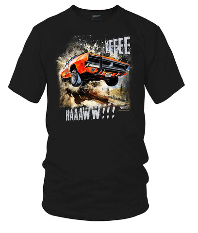 Image of Dodge Charger Jump YeeHaw t-shirt, Dukes of Hazzard Style t-shirt Black - Wicked Metal - Wicked Metal