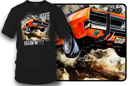 Dodge Charger Jump YeeHaw t-shirt, Dukes of Hazzard Style t-shirt Black - Wicked Metal - Wicked Metal