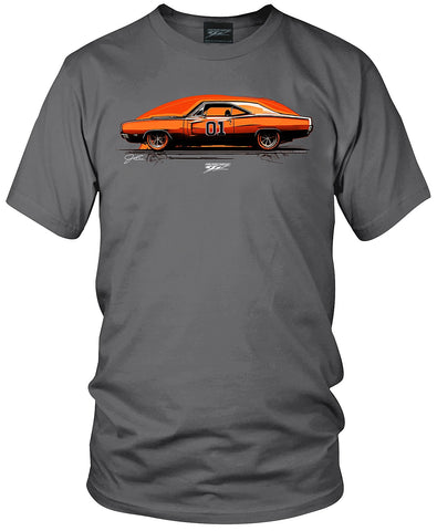 Image of Dodge Orange Illustrated Charger t-shirt, Dukes of Hazzard Style t-shirt Grey - Wicked Metal - Wicked Metal