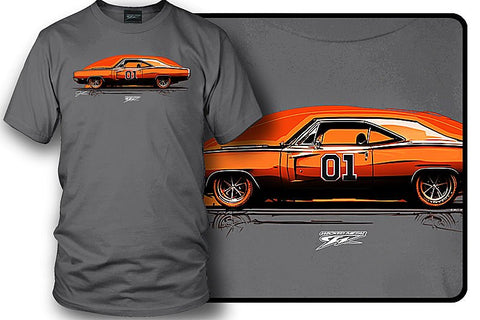 Image of Dodge Orange Illustrated Charger t-shirt, Dukes of Hazzard Style t-shirt Grey - Wicked Metal - Wicked Metal