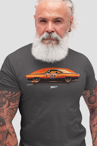 Image of Dodge Orange Illustrated Charger t-shirt, Dukes of Hazzard Style t-shirt Grey - Wicked Metal - Wicked Metal