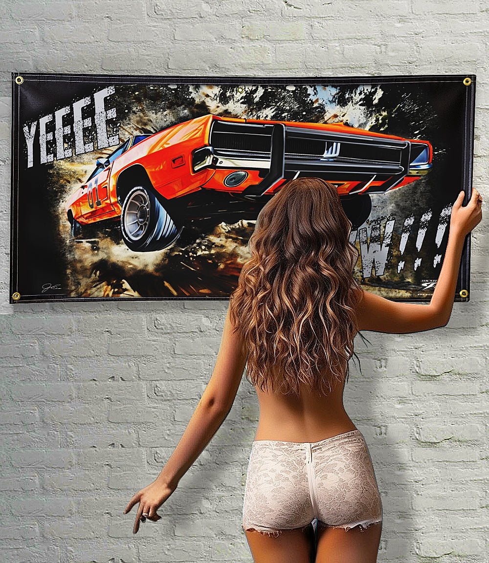 General Lee Jumping, YeeHaw, Dukes of Hazzard Banner, wall art - garage banner art 24" X 48" - Wicked Metal
