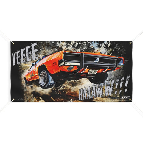 Image of General Lee Jumping, YeeHaw, Dukes of Hazzard Banner, wall art - garage banner art 24" X 48" - Wicked Metal